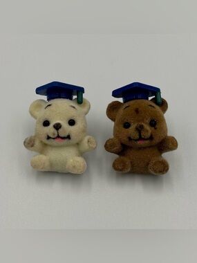 RARE Vintage Russ Flocked Teddy Bear Graduation Pin Set- White & Brown Bears